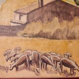 Oil painting on canvas Provence landscape Shepherd sheep signed Thiout