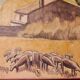 Oil painting on canvas Provence landscape Shepherd sheep signed Thiout