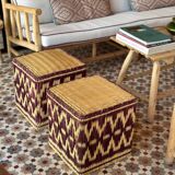 Pouf en rotin et osier bordeaux