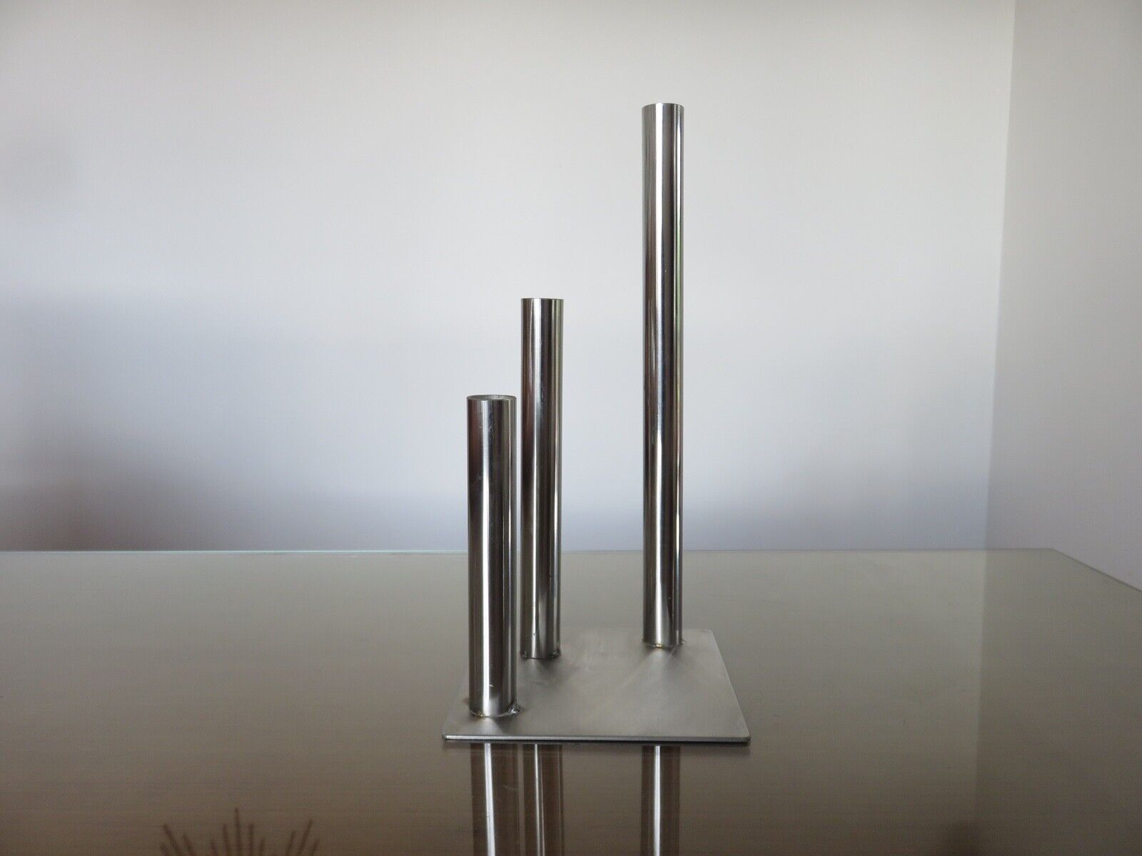 Triple candle holder, modernist, minimalist stainless steel 1970