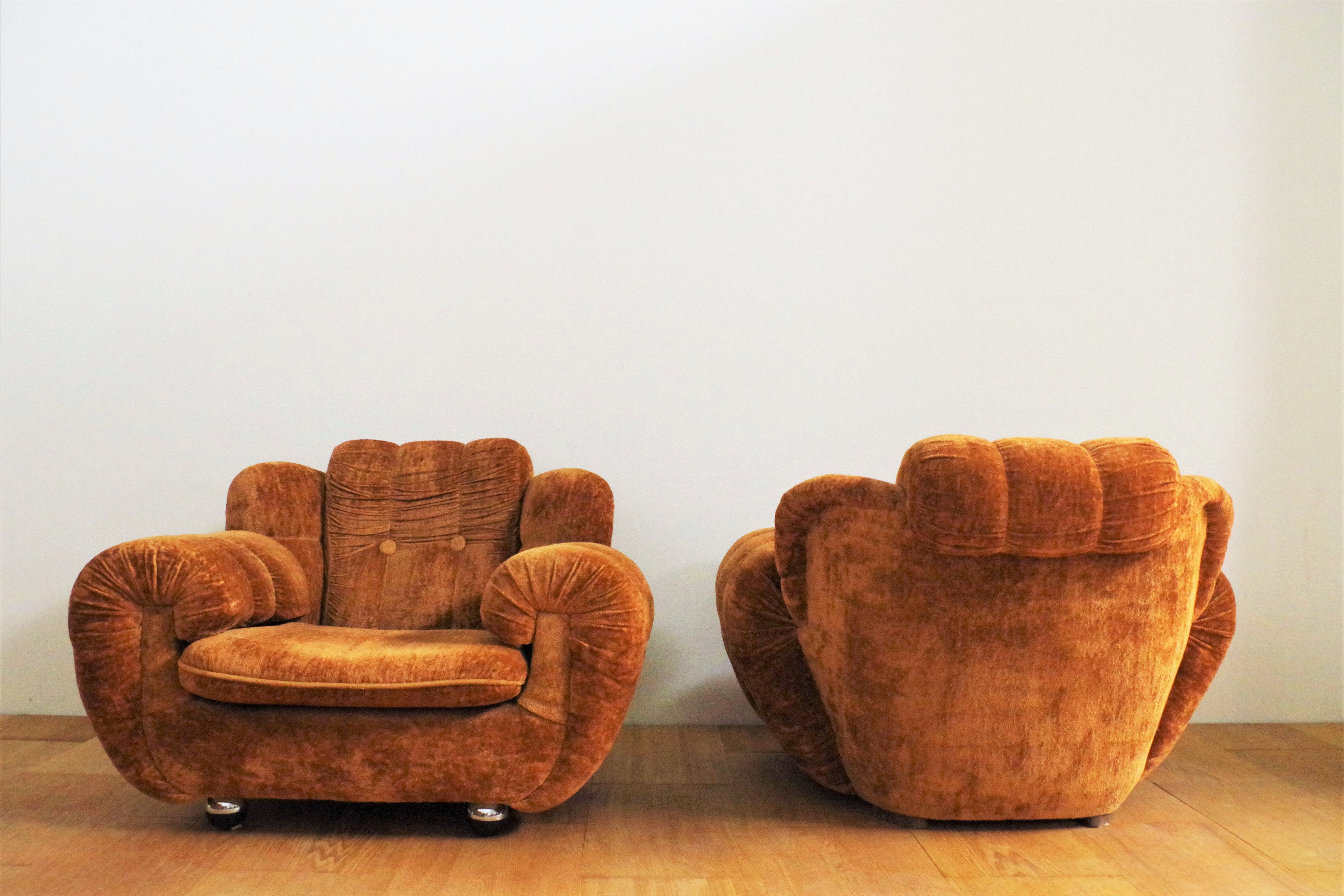Velvet armchairs and sofa, 1970s, set of 3