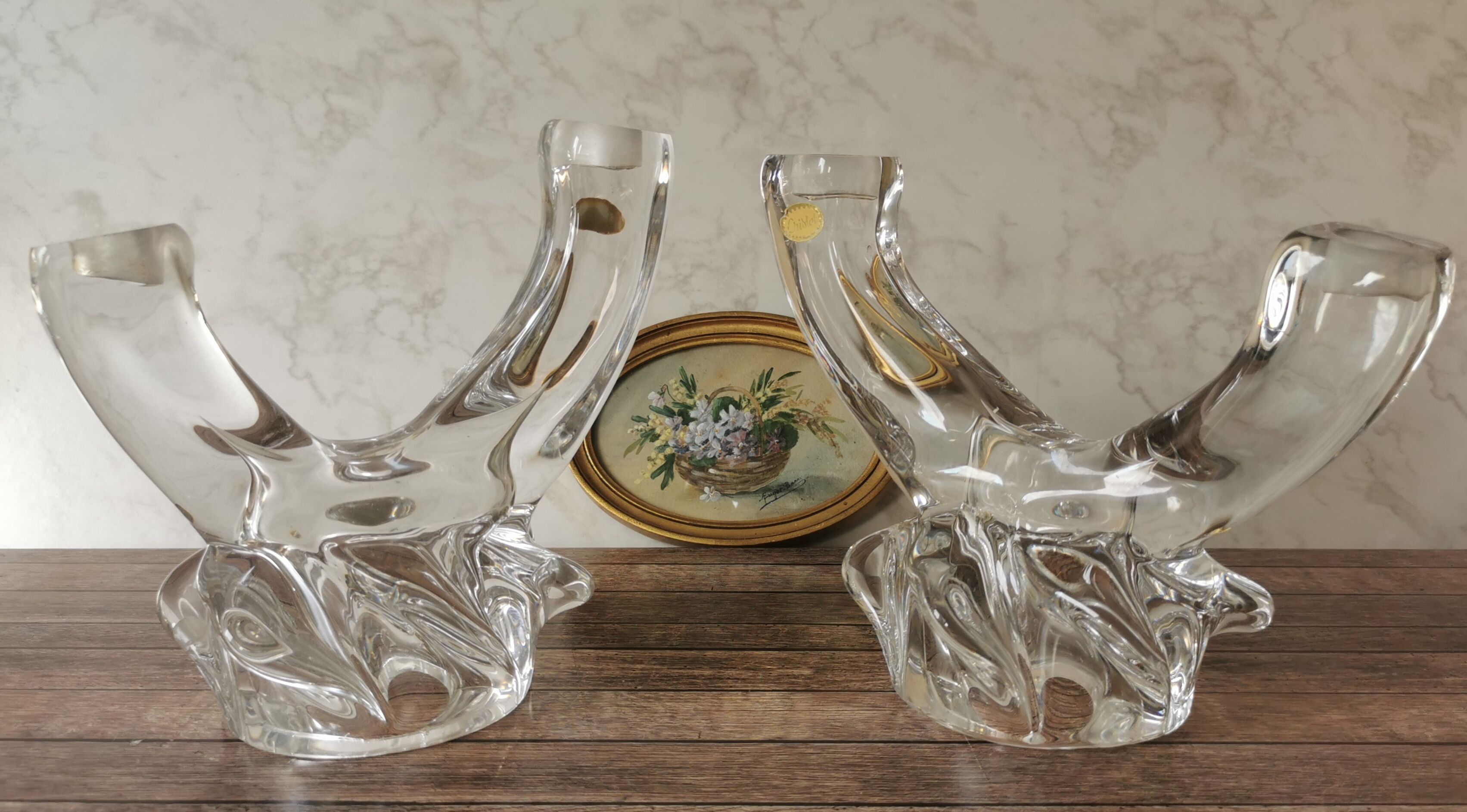 Pair of candle holders two crystal branches