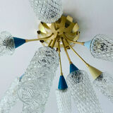 plafonnier lampe vintage, annees 50, verre laiton, bleu beige or
