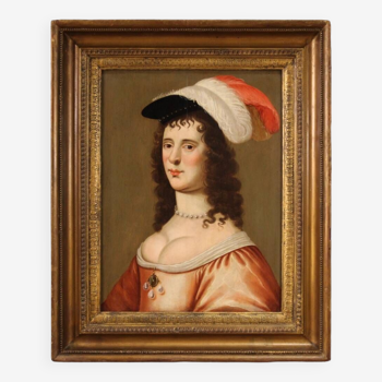 Antique Painting Portrait Of A Lady, Oil On Panel From The 18th Century