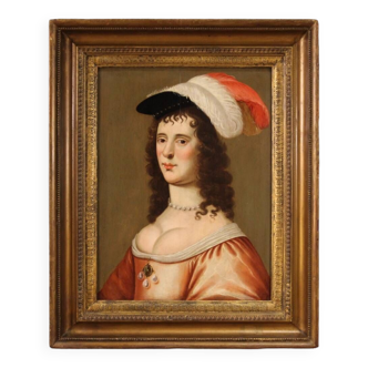 Antique Painting Portrait Of A Lady, Oil On Panel From The 18th Century