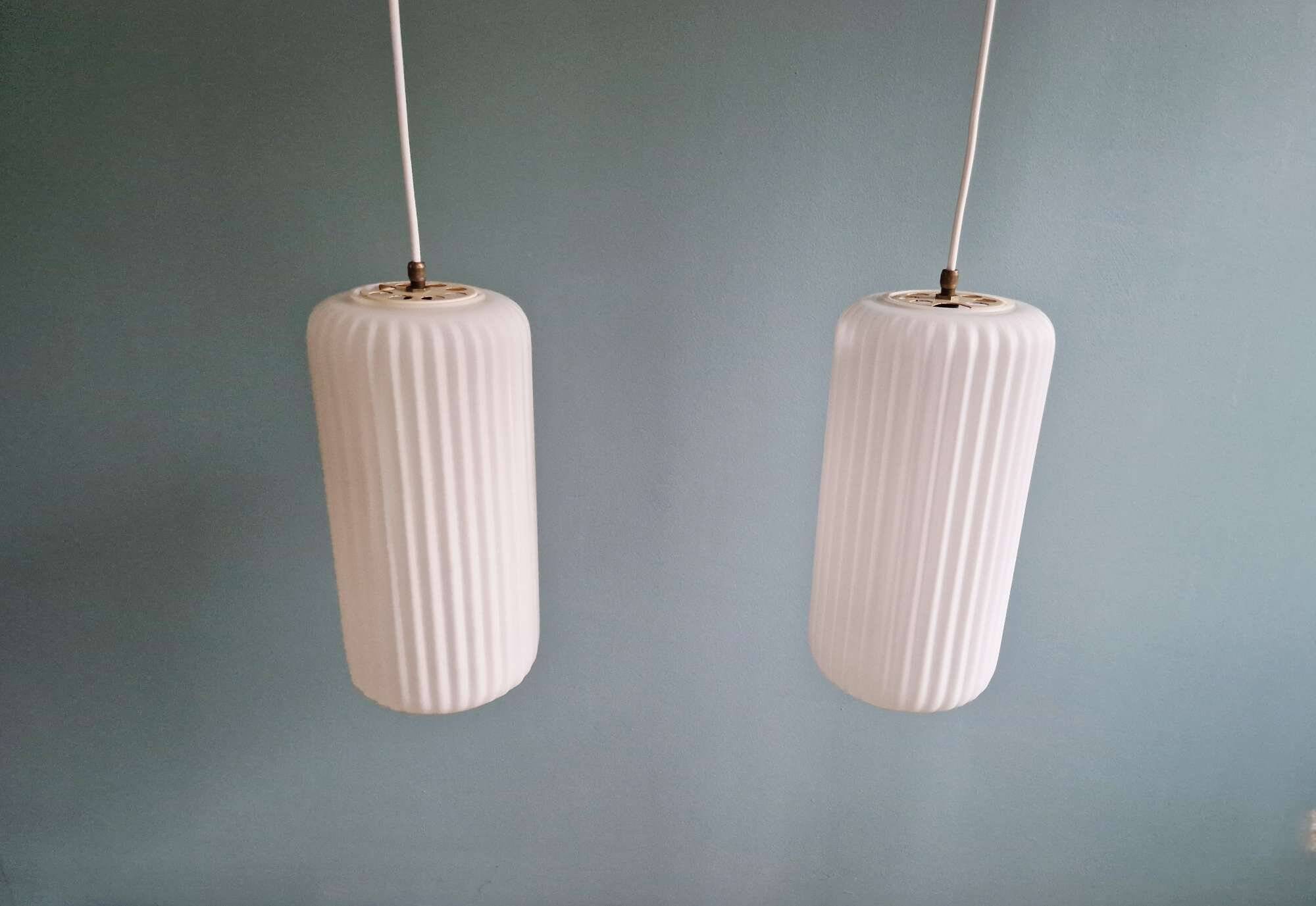 Pair of ribbed white opaline pendants, Philips, 1960s