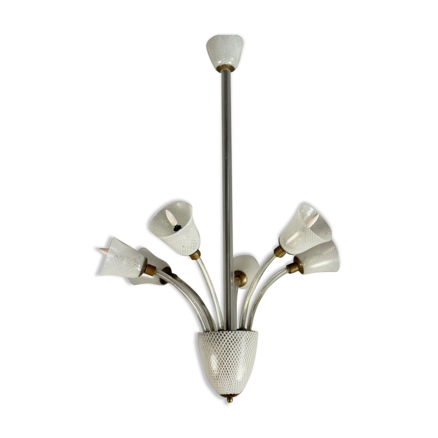 Venetian chandelier in colorless and white murano glass, venini circa 1940
