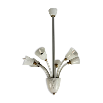 Venetian chandelier in colorless and white murano glass, venini circa 1940