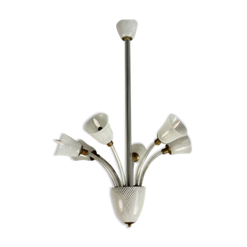 Venetian chandelier in colorless and white murano glass, venini circa 1940