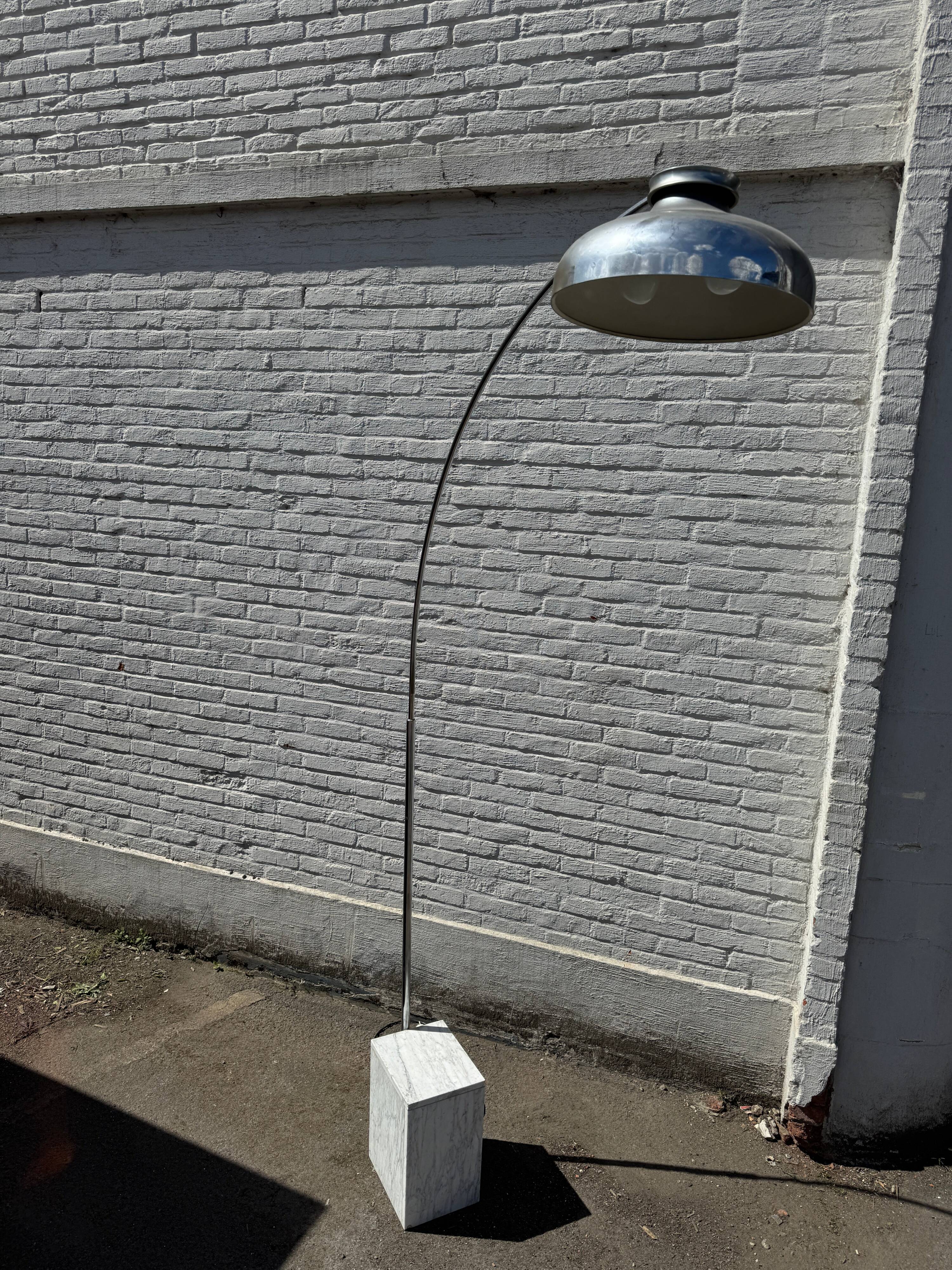 Oversized White Marble & Chrome Arc Floor Lamp — 1970s Italian Aluminum Dome