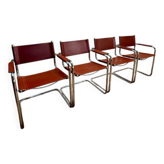 4 fauteuils S34 style Marc Stam en cuir cognac et tubulaire