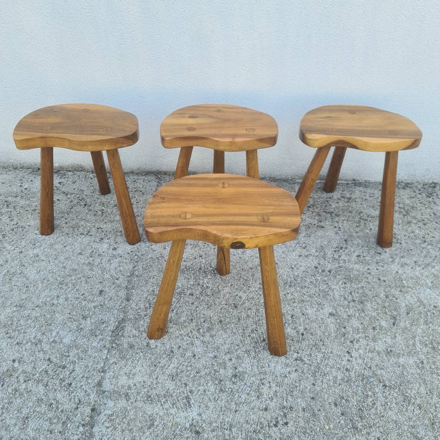 4 Vintage tripod stools, solid wood, brutalist, circa 1960