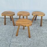 4 Vintage tripod stools, solid wood, brutalist, circa 1960