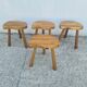 4 Vintage tripod stools, solid wood, brutalist, circa 1960