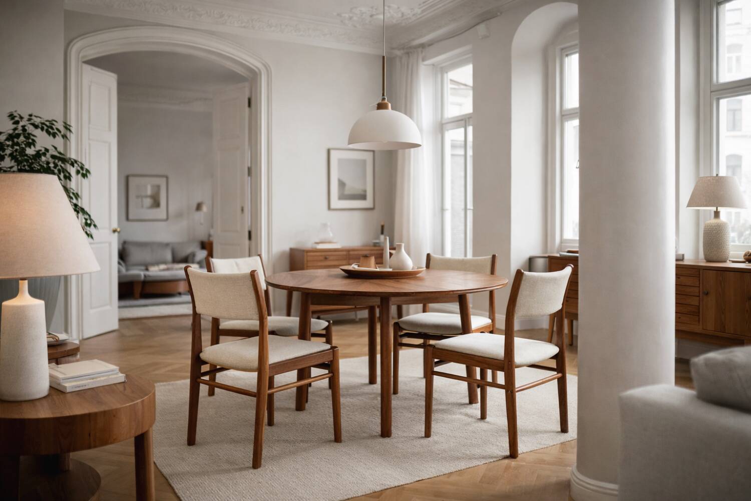 Vintage Mid-Century Modern Danish Teak & Beige Fabric Chairs, Set of 4