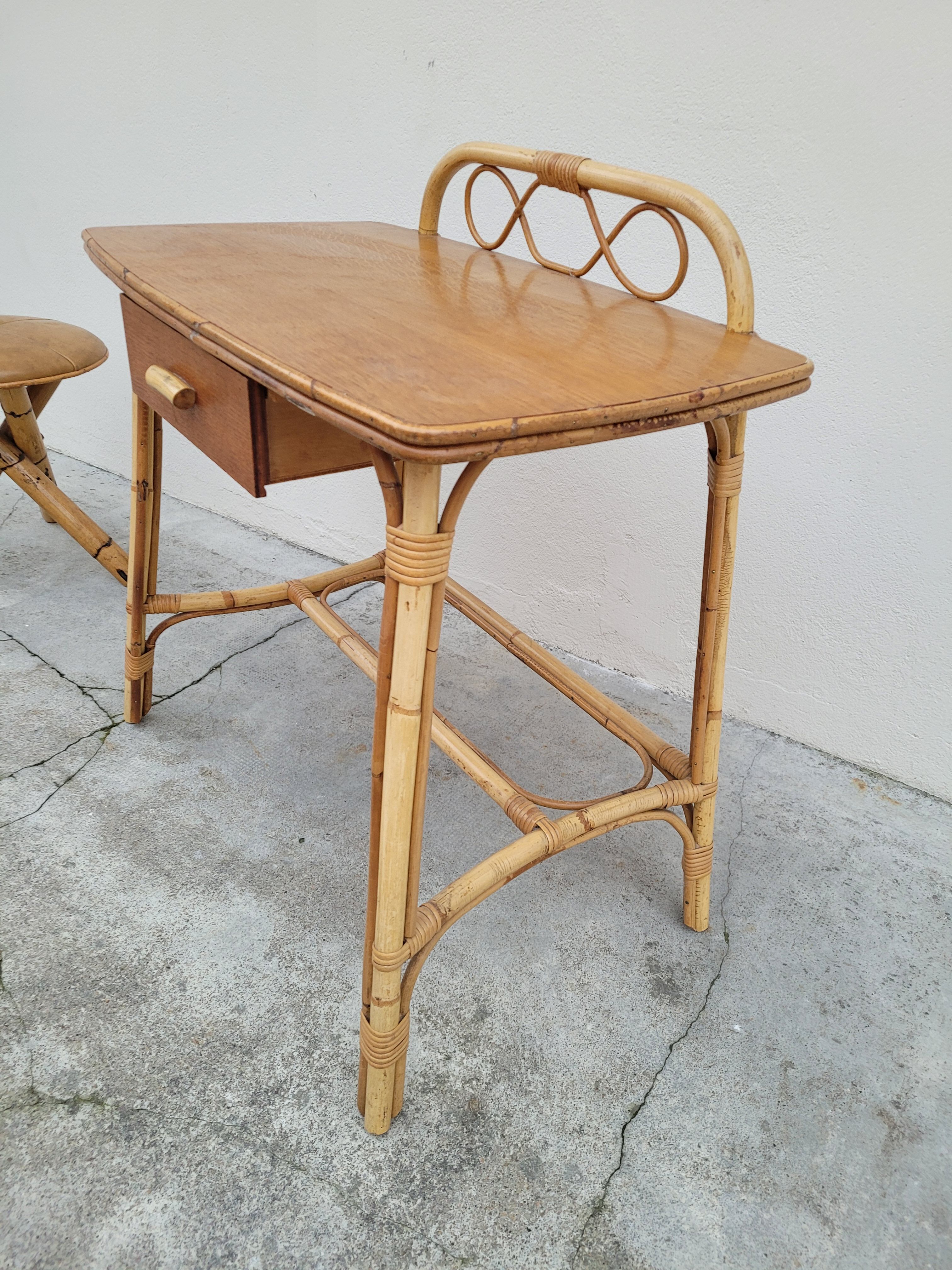 1950 vintage rattan dressing table with sun mirror