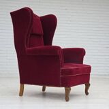 1960s, Danish highback wingback armchair, cherry-red furniture velour.