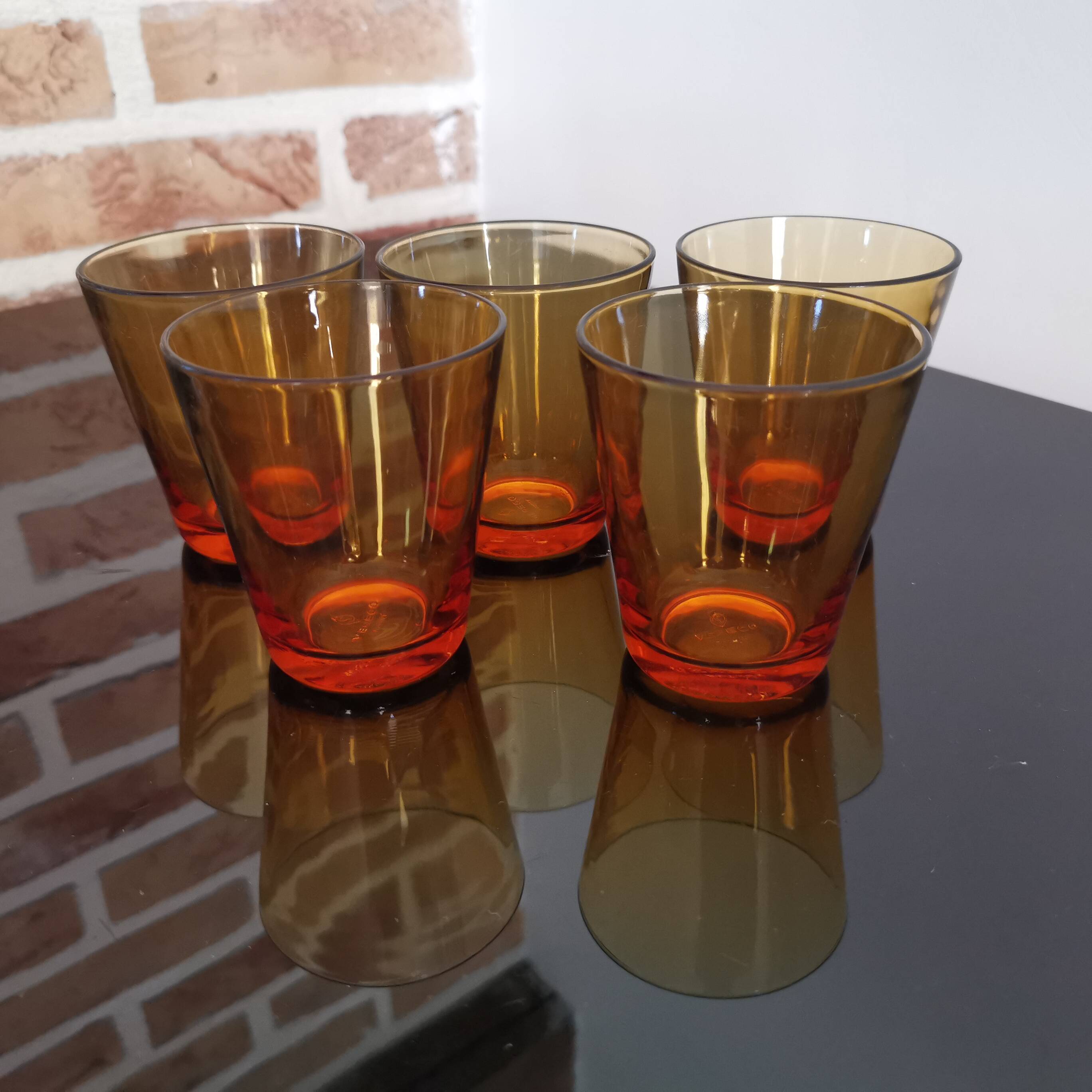Set of 5 amber brown glasses Vereco 1970s