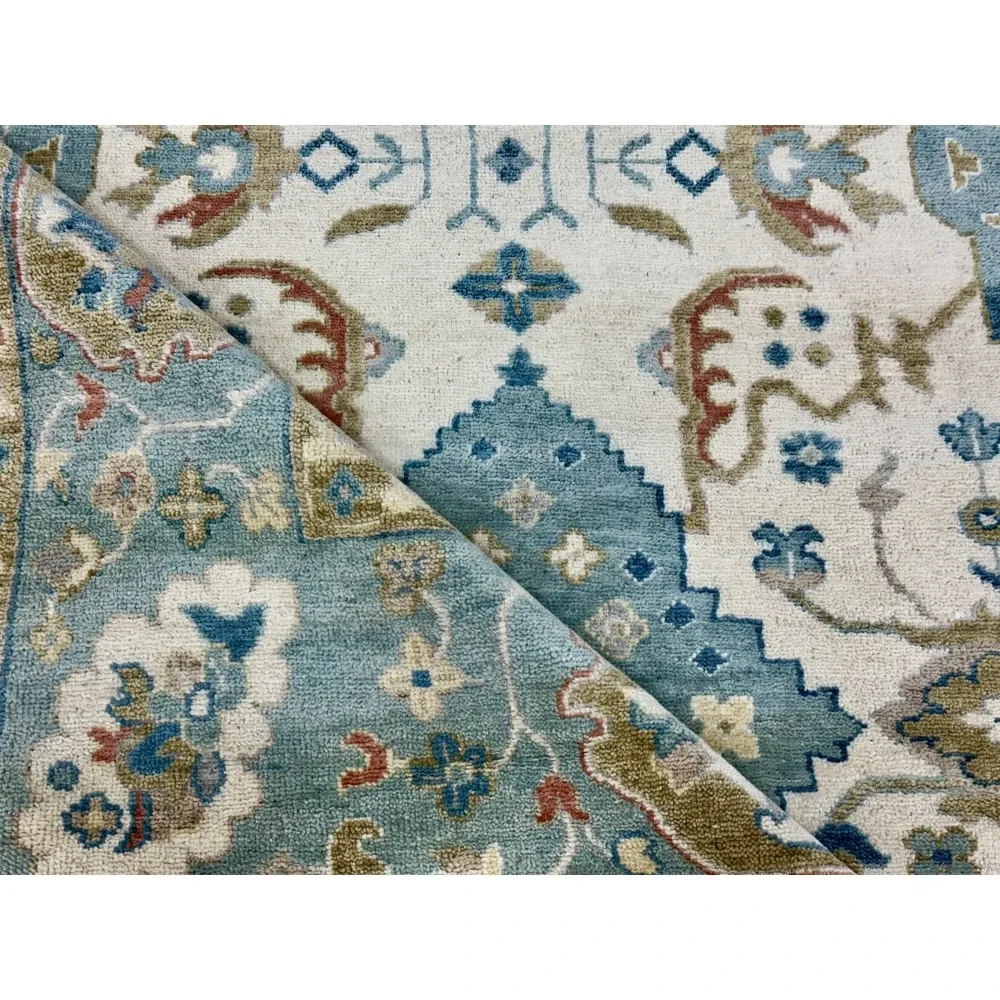 Contemporary Handmade Wool Area Rug, Ivory and Blue Floral Design Carpet for Living Room
