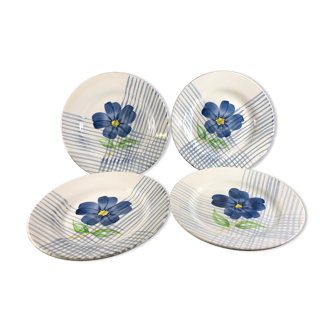 4 assiettes plates vintage fleur bleue Digoin Sarreguemines modele Valentin