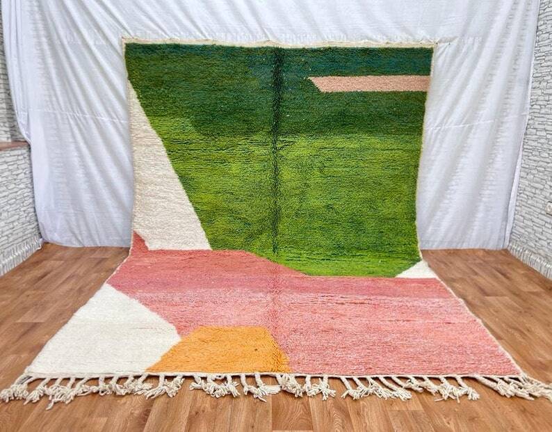 Handmade Berber wool rug, green and pink, 150/250cm