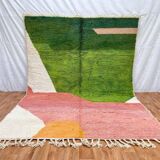 Handmade Berber wool rug, green and pink, 150/250cm