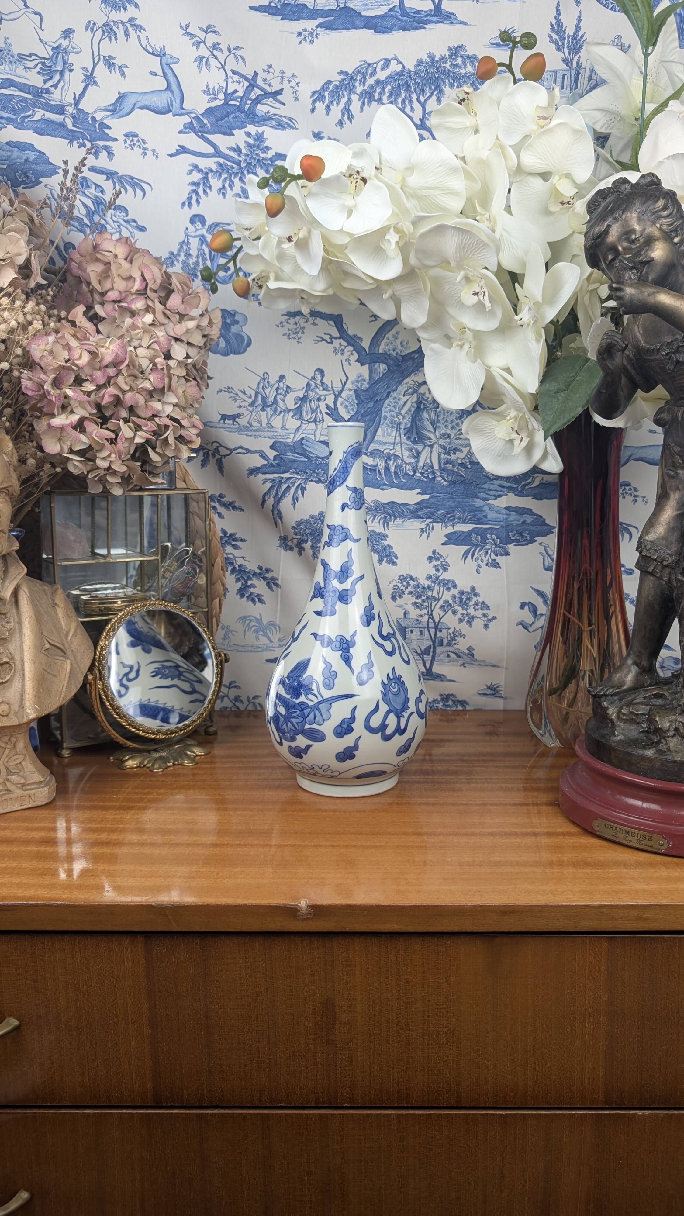 Blue hue piriform vase with dragon decor, vietnamese porcelain