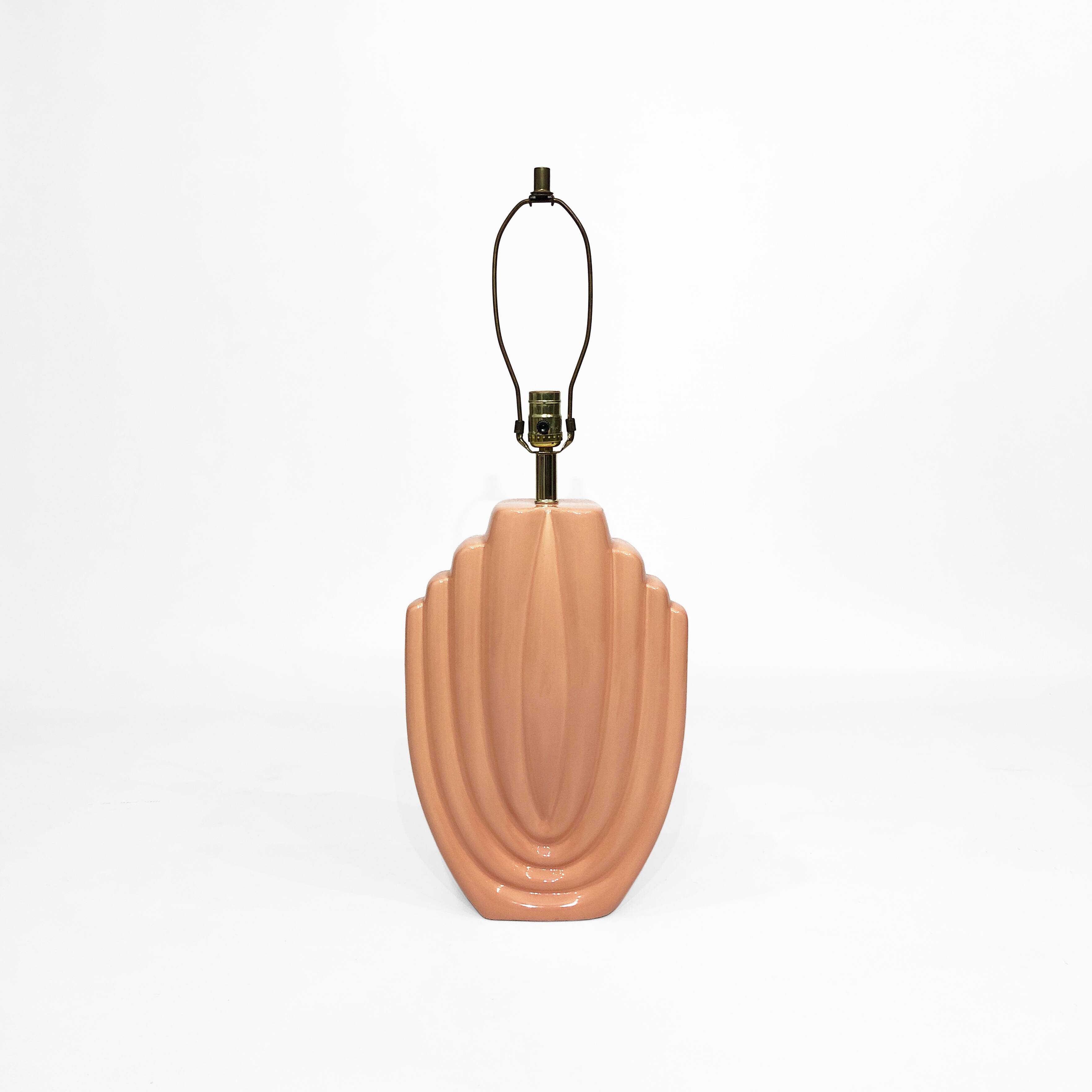 1980s salmon pink ceramic table lamp art deco pastel midcentury golden girls