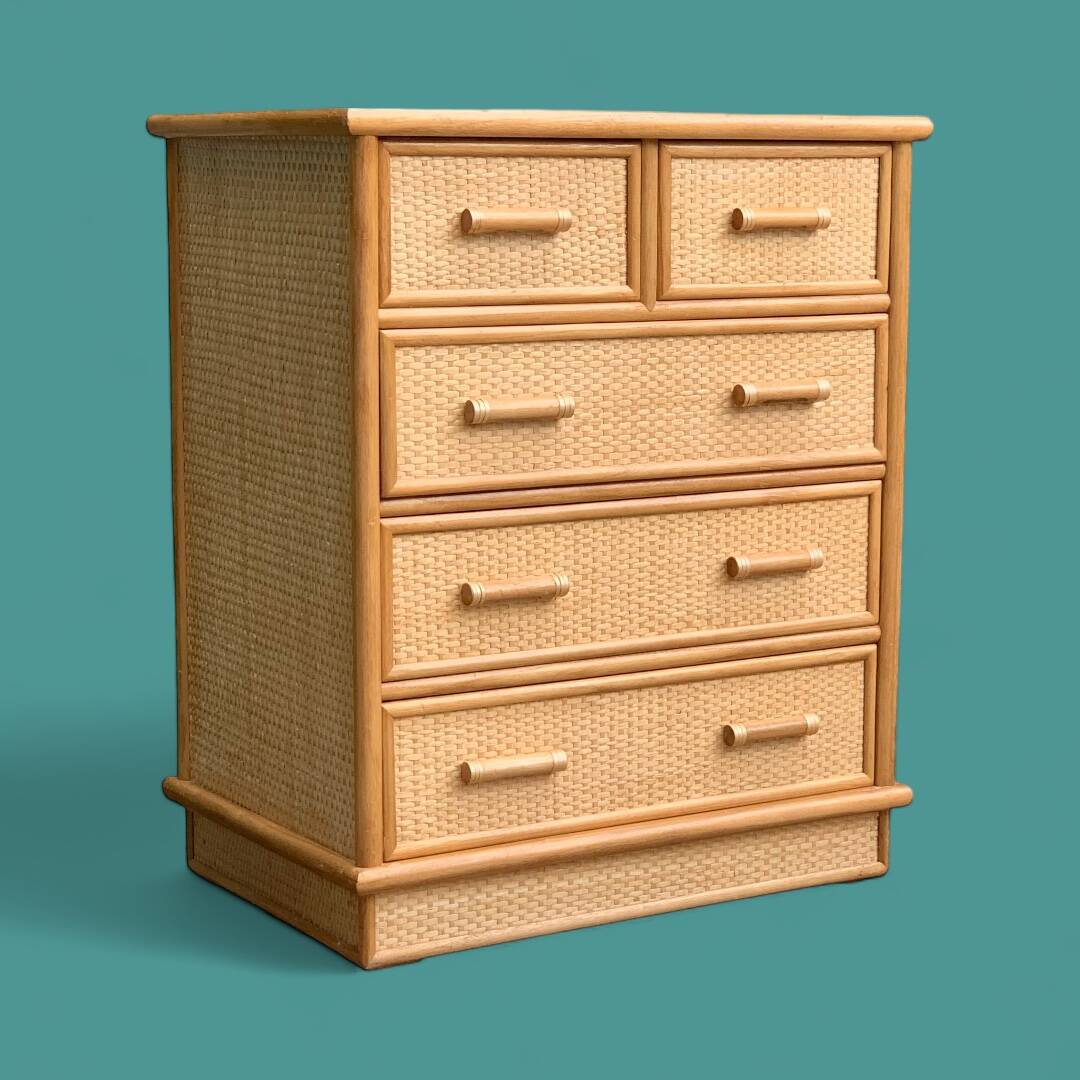 Vintage rattan and woven wicker chest of drawers 1970
