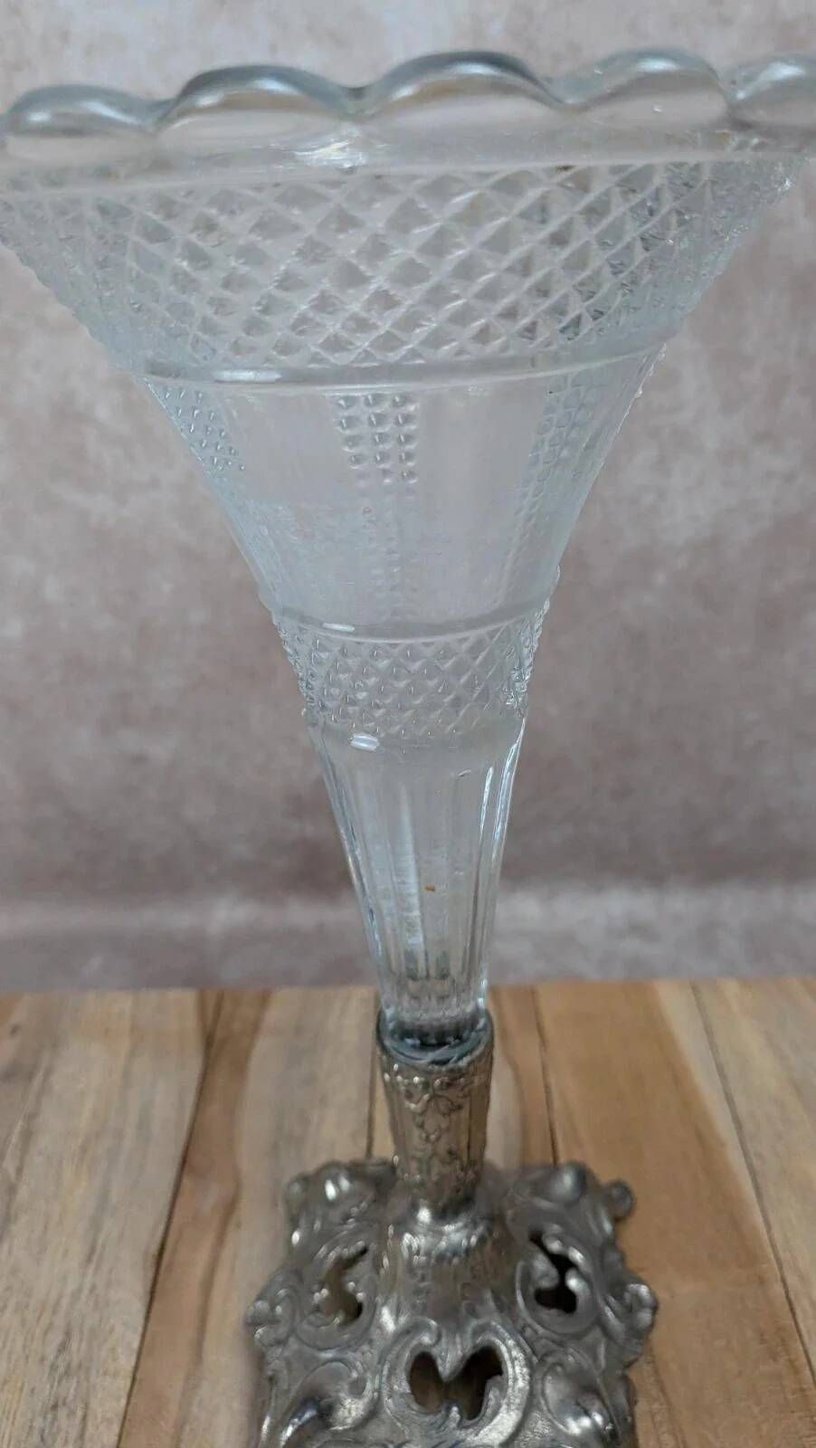 Vintage pressed glass tulip vase on silver-plated metal stand – centrepiece