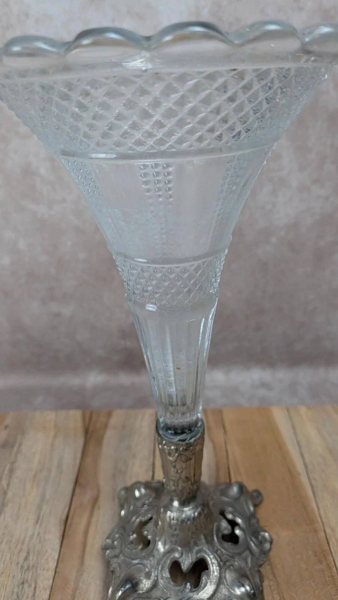 Vintage pressed glass tulip vase on silver-plated metal stand – centrepiece