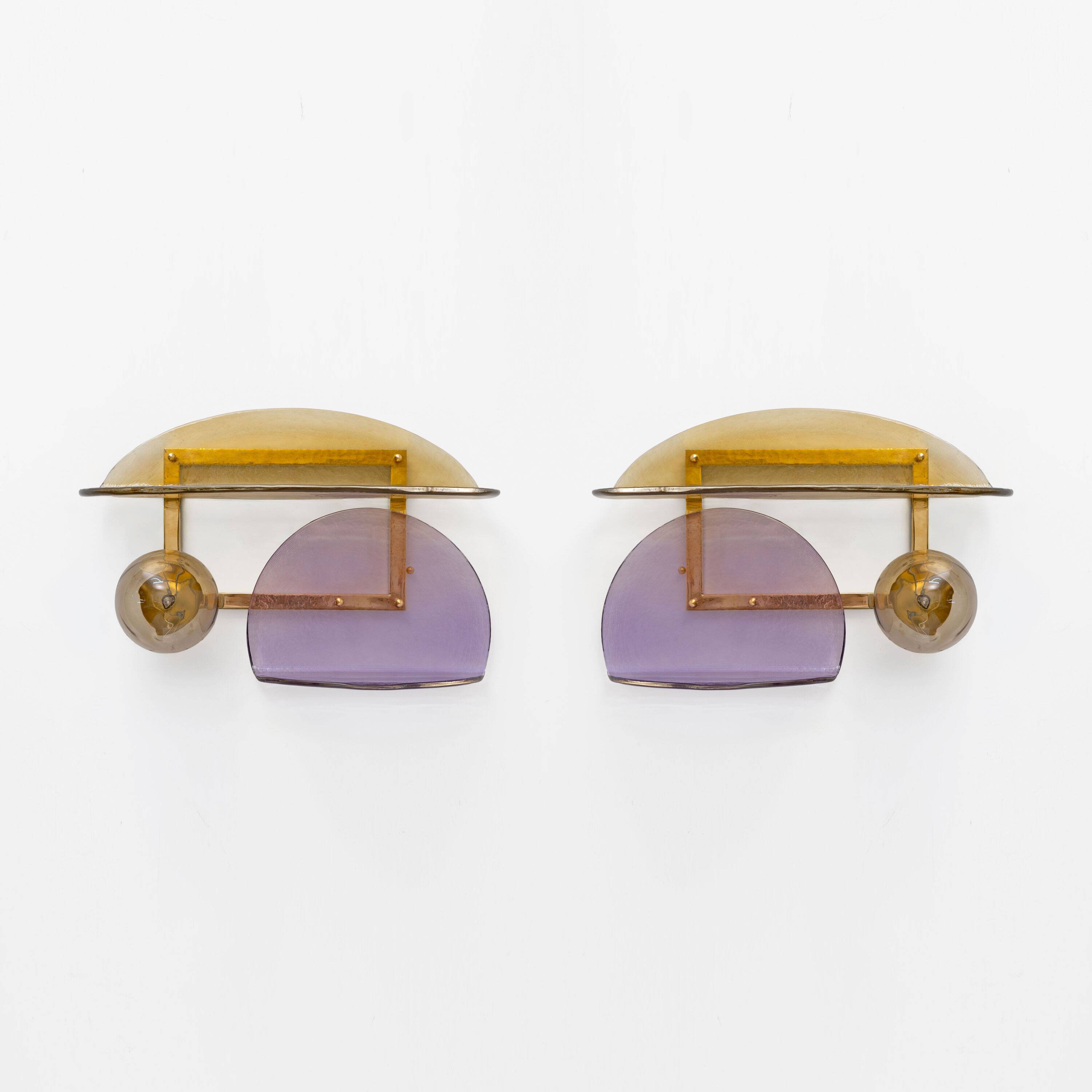 Architectural Pair of Sculptural Murano Glass and Brass Wall Sconces, Italy