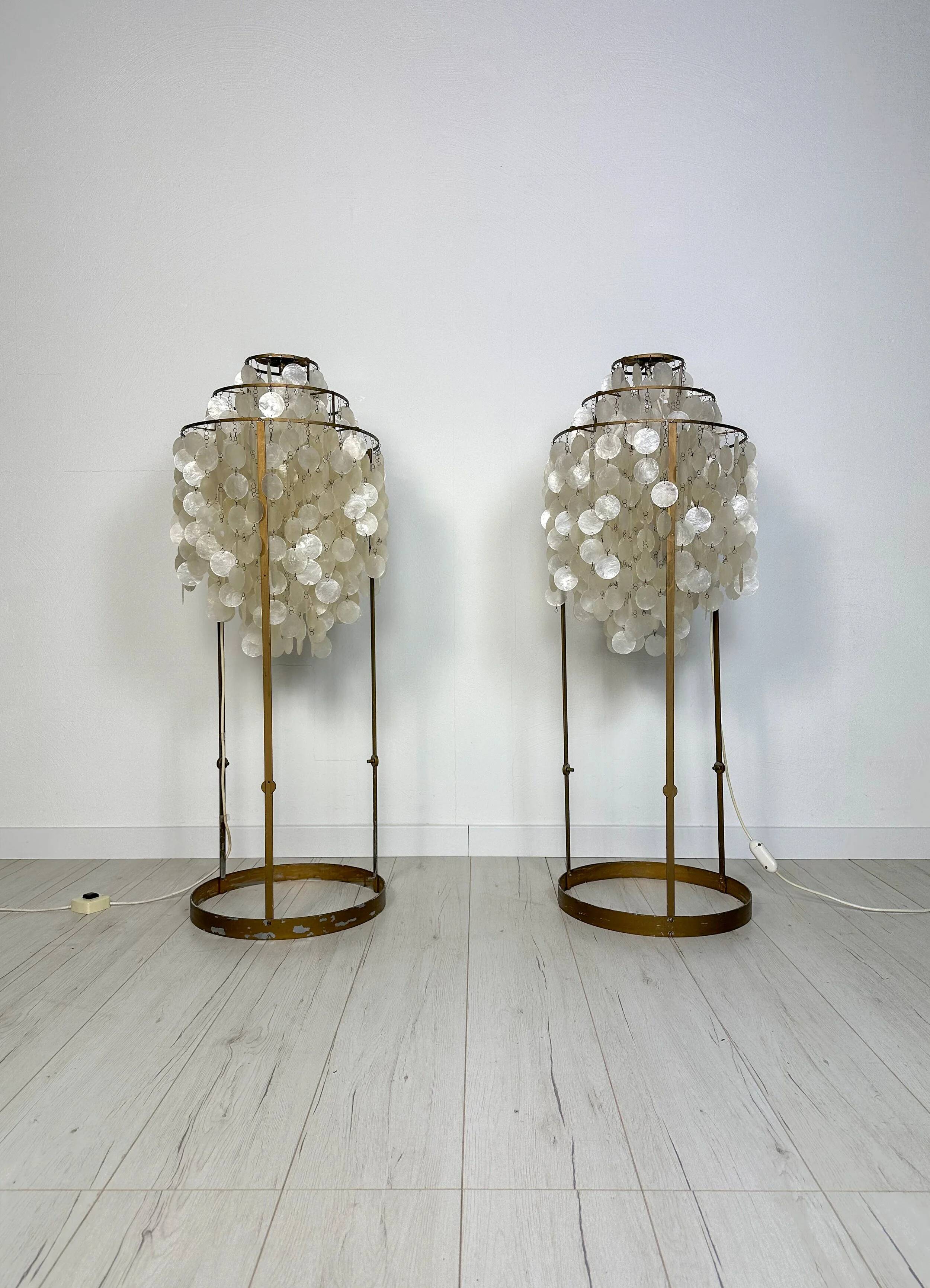 Lampes de sol en métal vintage avec disques en coquillage