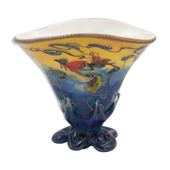 Vase en verre bleu et jaune à col évasé, bernard aconito biot