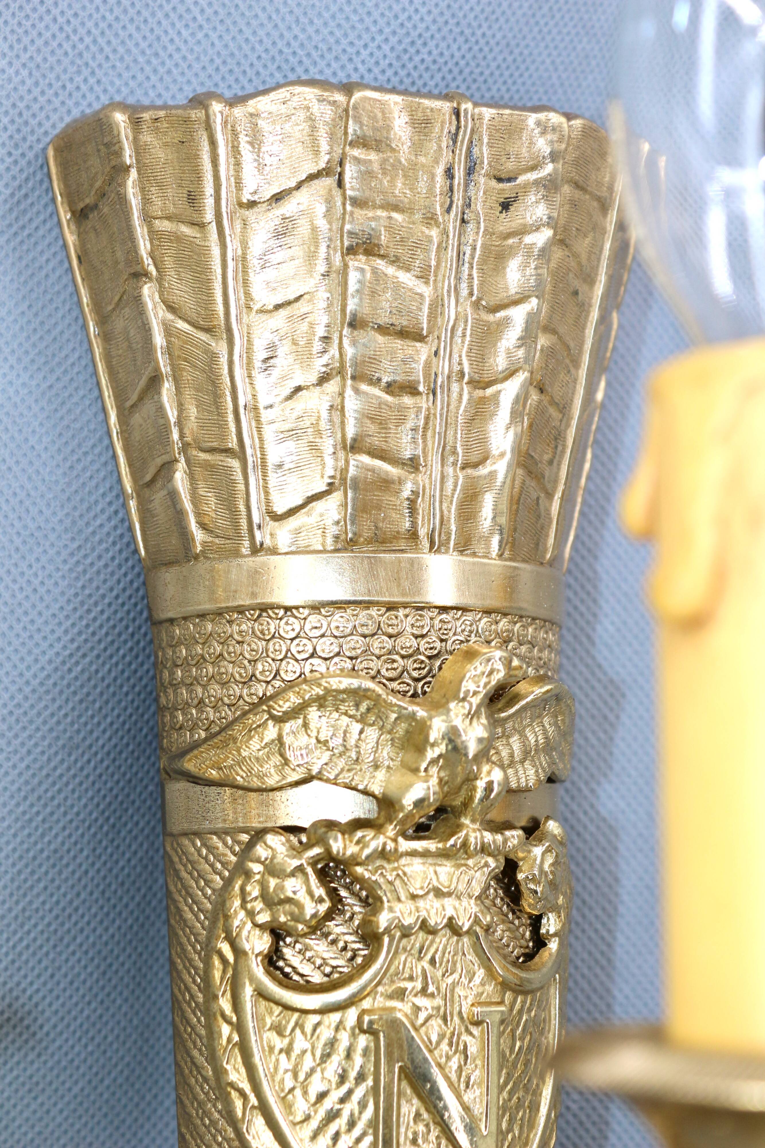 Large pair of Napoleonic gilt bronze empire style wall lights with three candles