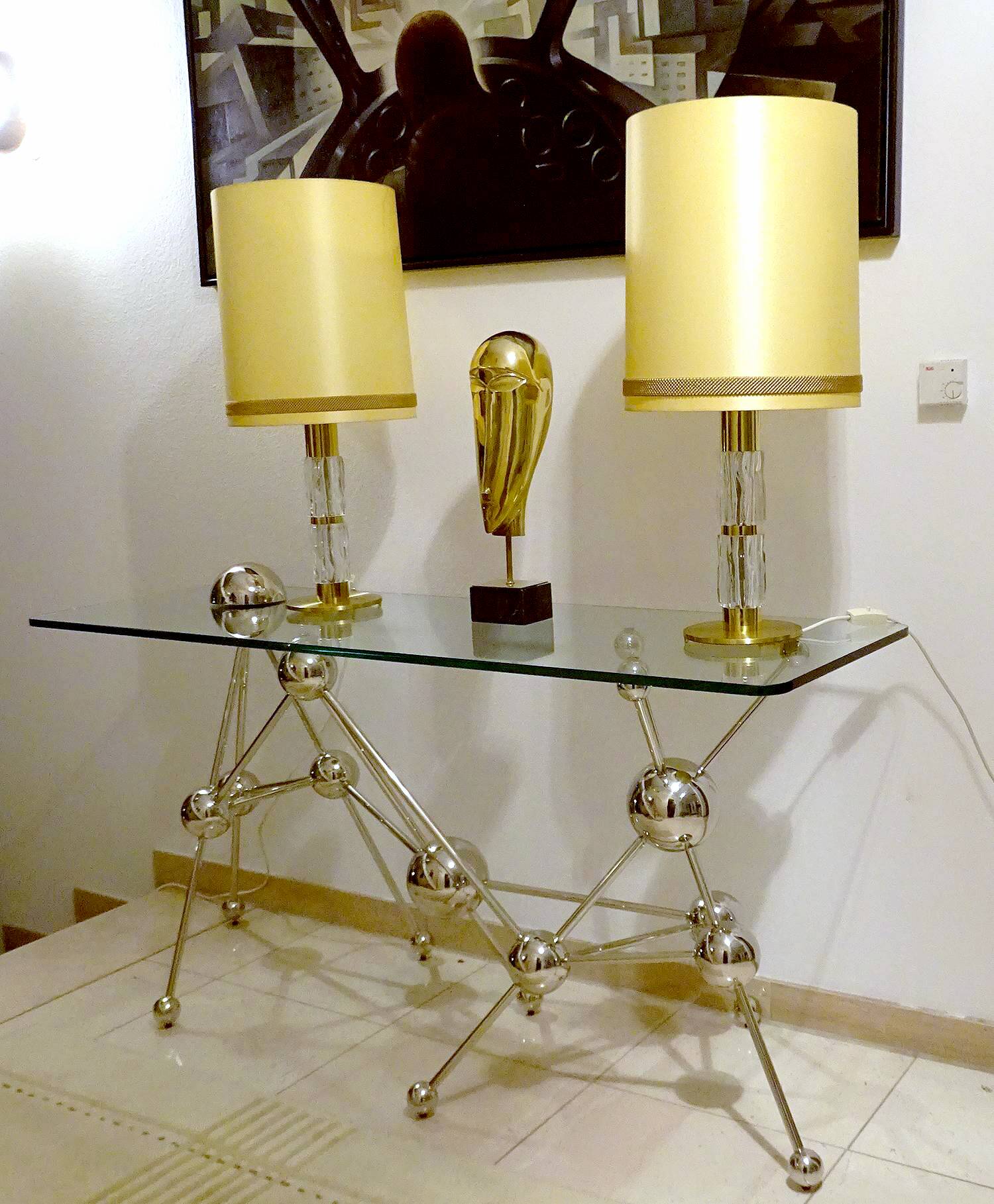 Pair Large Vintage Lamps, Glass & Brass