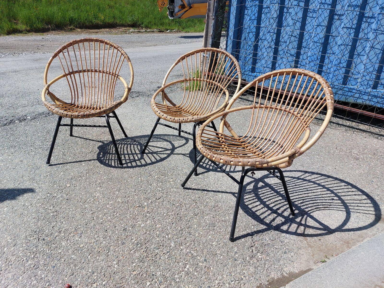 Lot de 3 fauteuils corbeille vintage en rotin Rohé Noordwolde - Années 60