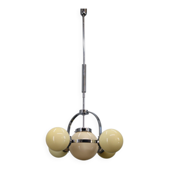 1930s Art Deco chrome chandelier with champagne opaline glass shades