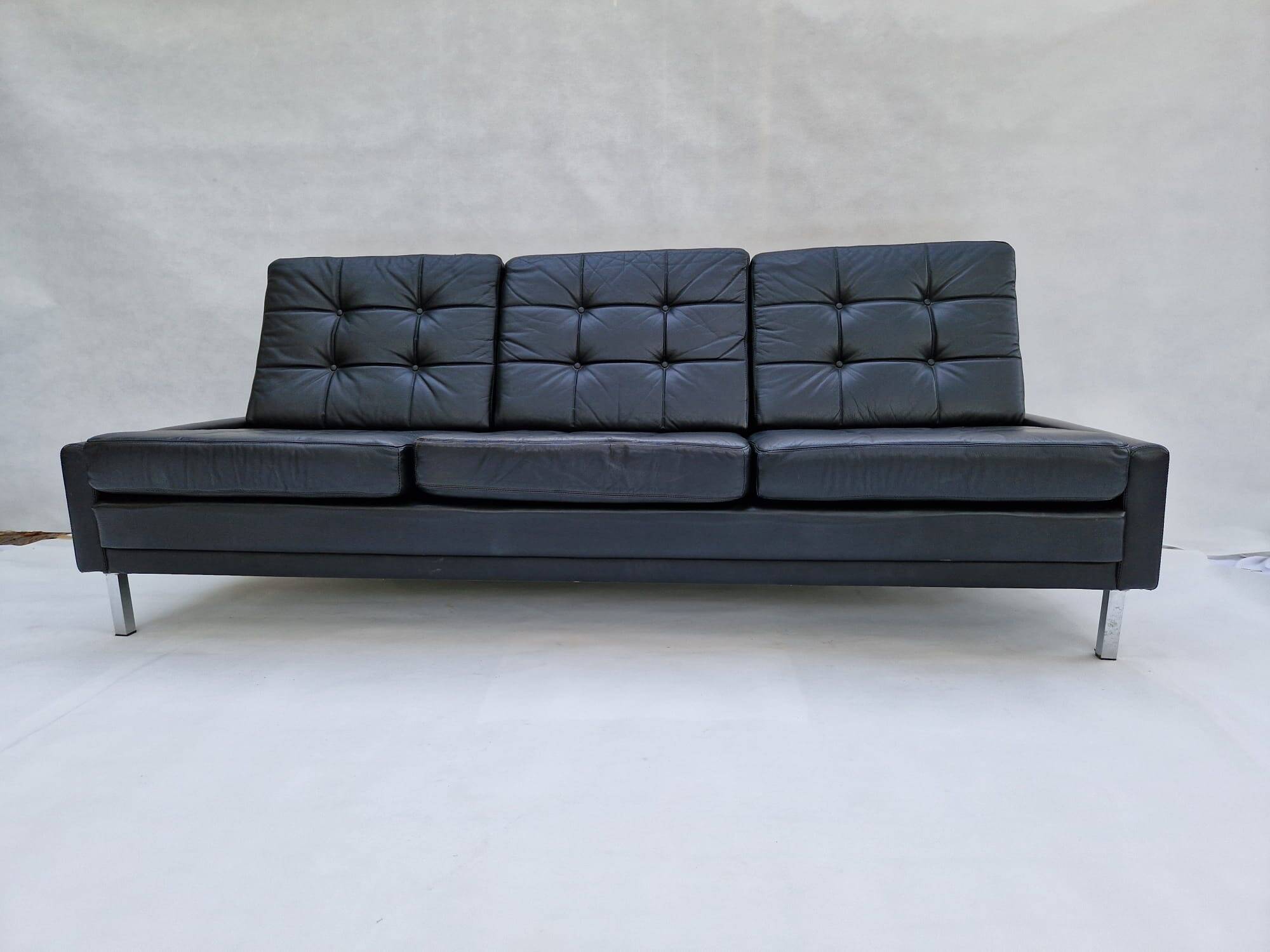 Canapé 3 places, vintage, chrome, cuir noir, Danemark, années 1960