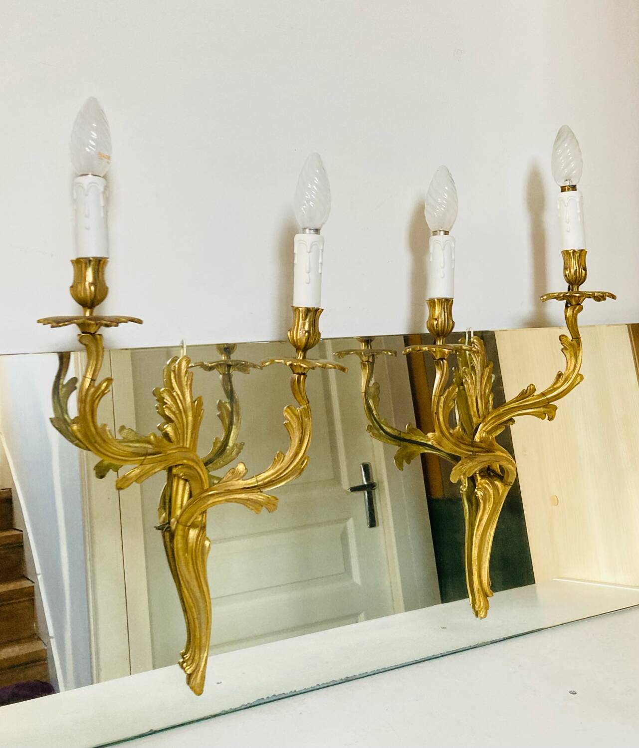 St Louis XV wall lights in solid gilded bronze with curved branches