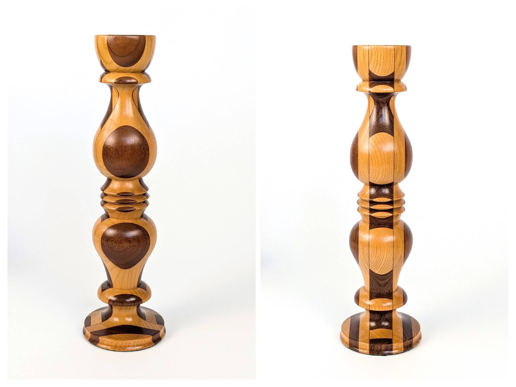 Set of 3 vintage candlesticks | Turned wood | Midcentury