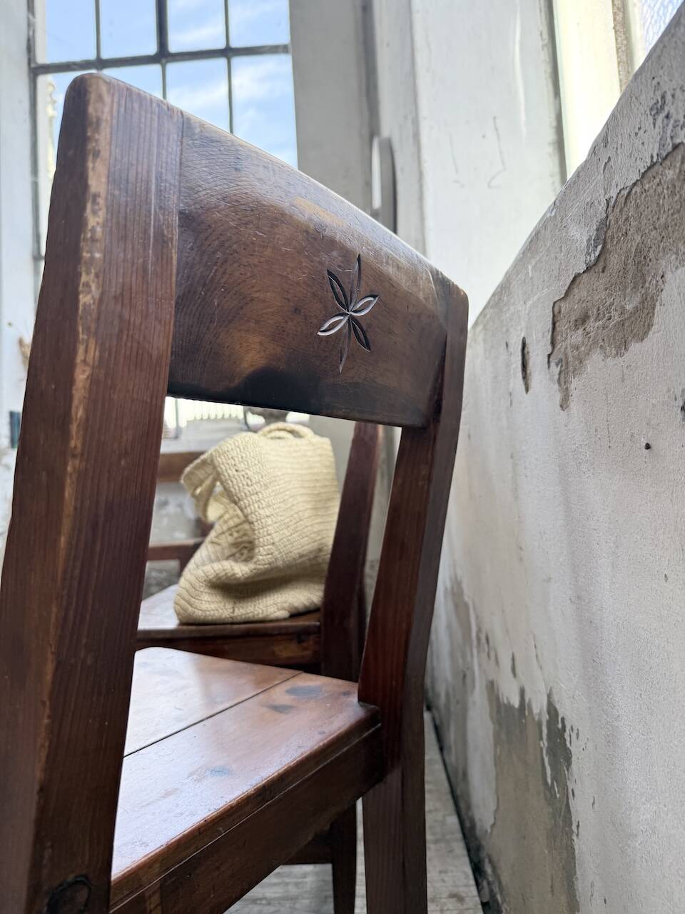 Set of 4 Savoyard pine folk art chairs from the 1950s.
