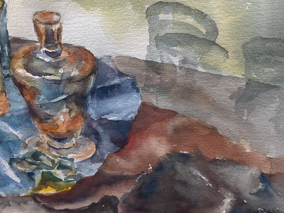 Watercolor painting Still Life with Glasses signed Guy Barbier