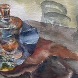 Watercolor painting Still Life with Glasses signed Guy Barbier