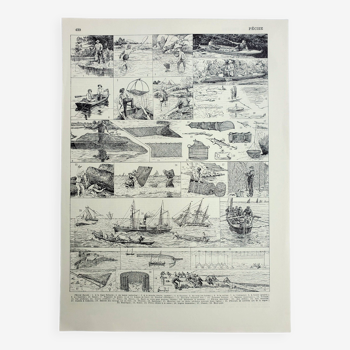 Gravure ancienne 1928, Pêche, poisson, bateau équipement ancien • Lithographie, Planche originale