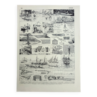 Gravure ancienne 1928, Pêche, poisson, bateau équipement ancien • Lithographie, Planche originale