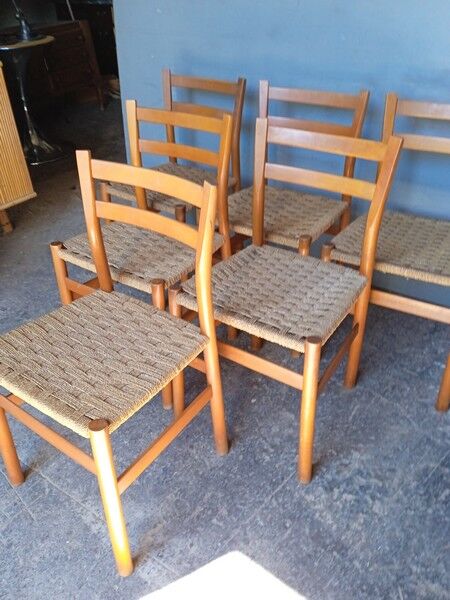 6 Scandinavian chairs wood and rope period 1960