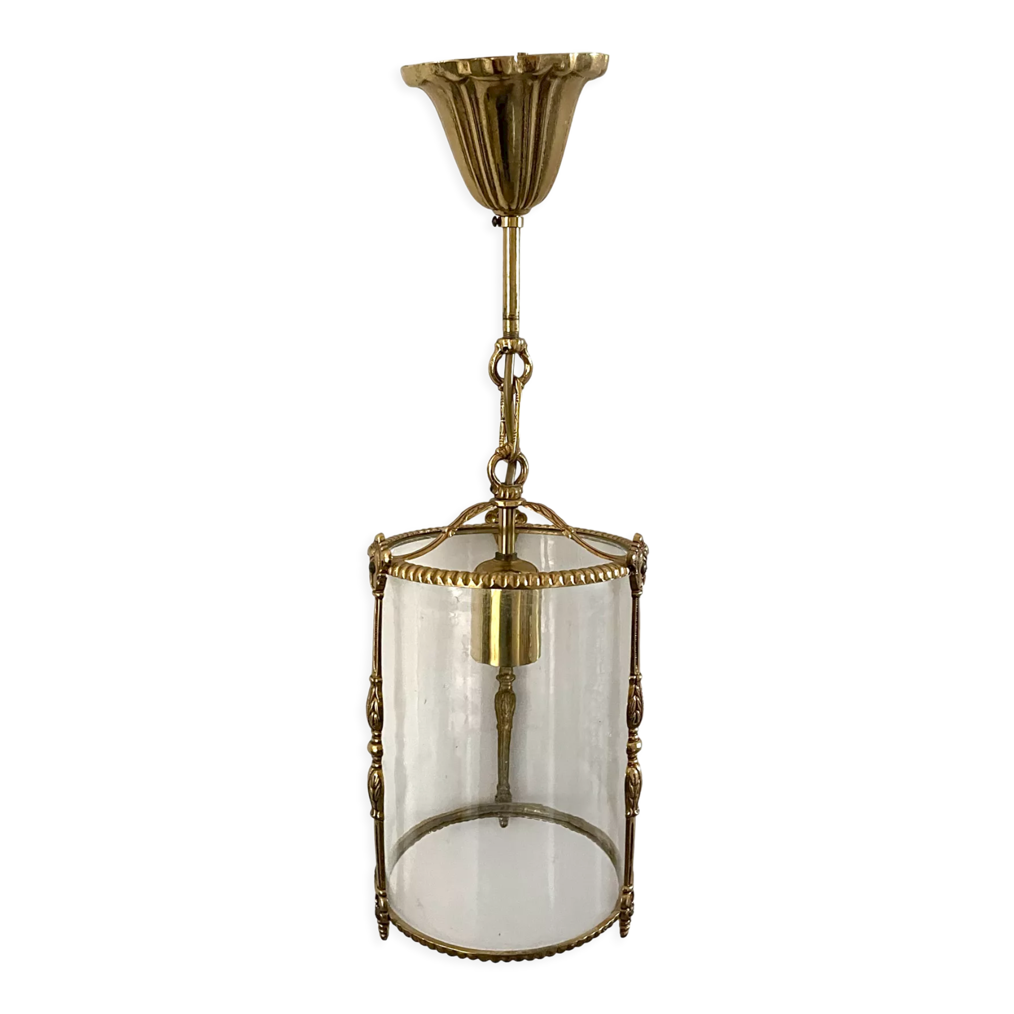 Cylindrical lantern suspension in brass and glass