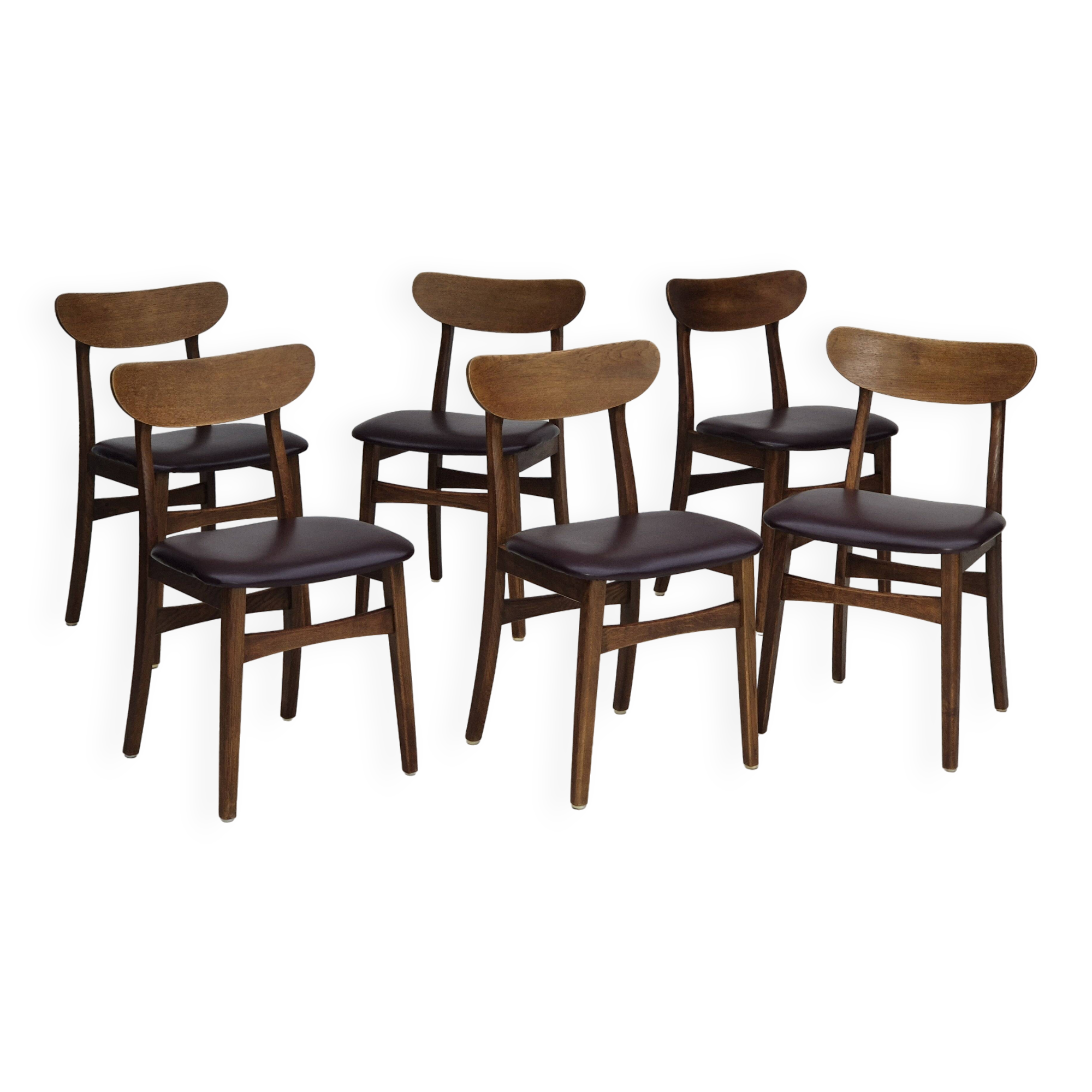 1960s, set of 6 Danish dinning chairs, solid oak wood, reupholstered.