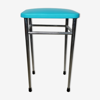 Tabouret vintage chromé en skaï bleu turquoise